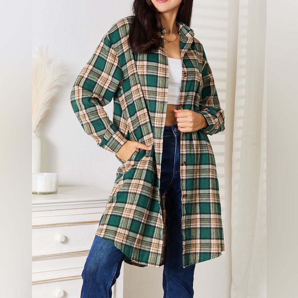 Plaid Longline Jacket - Green and Tan